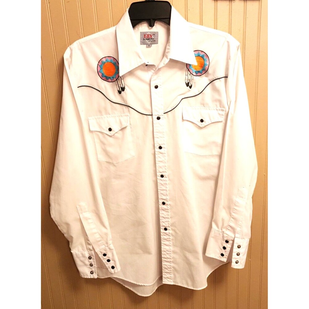 Vintage Ely Diamond Western Pearl Snap Long Sleeve Men Shirt Size M